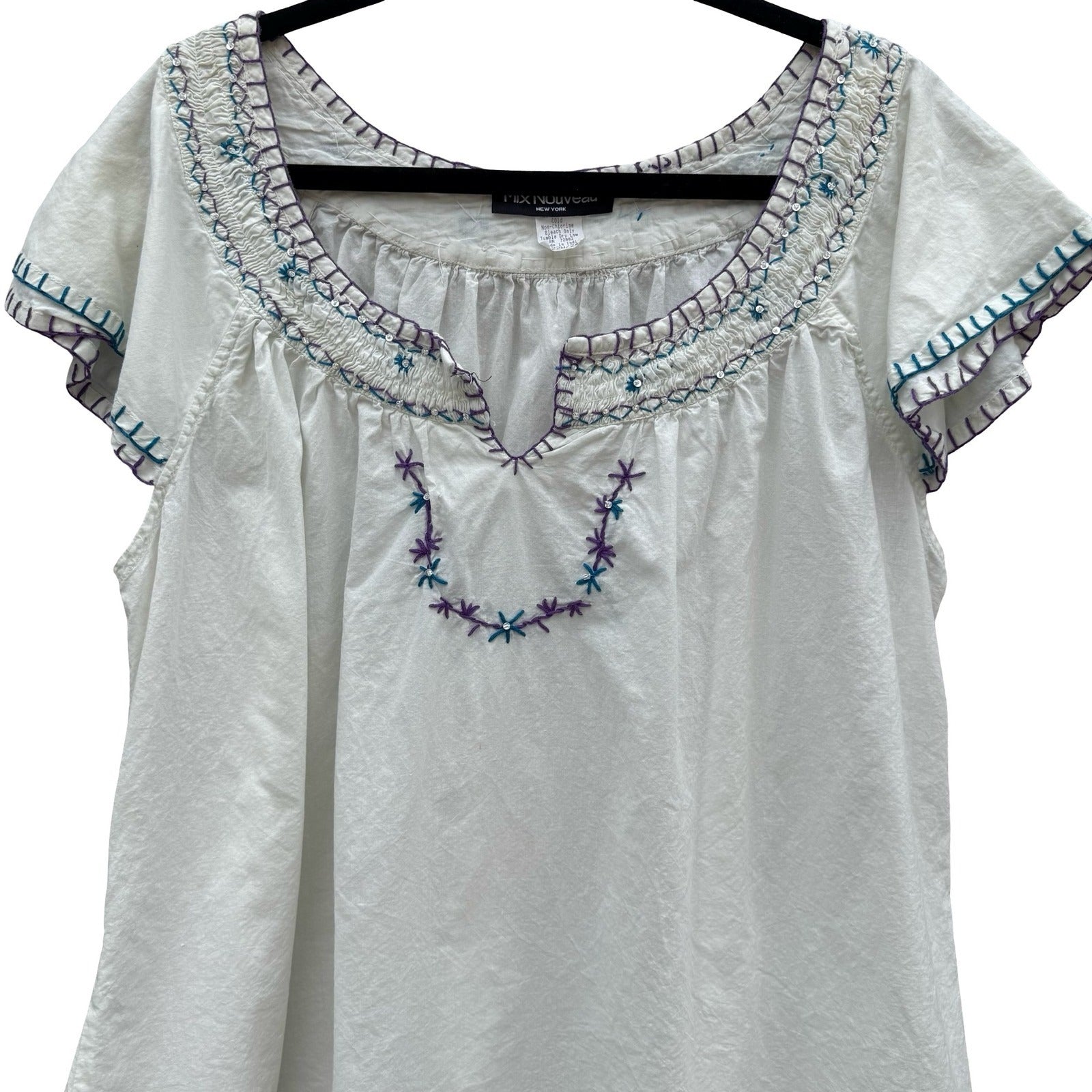 Mix Nouveau White Smocked Embroidered Cotton Peasant Blouse Womens 22 Boho Top