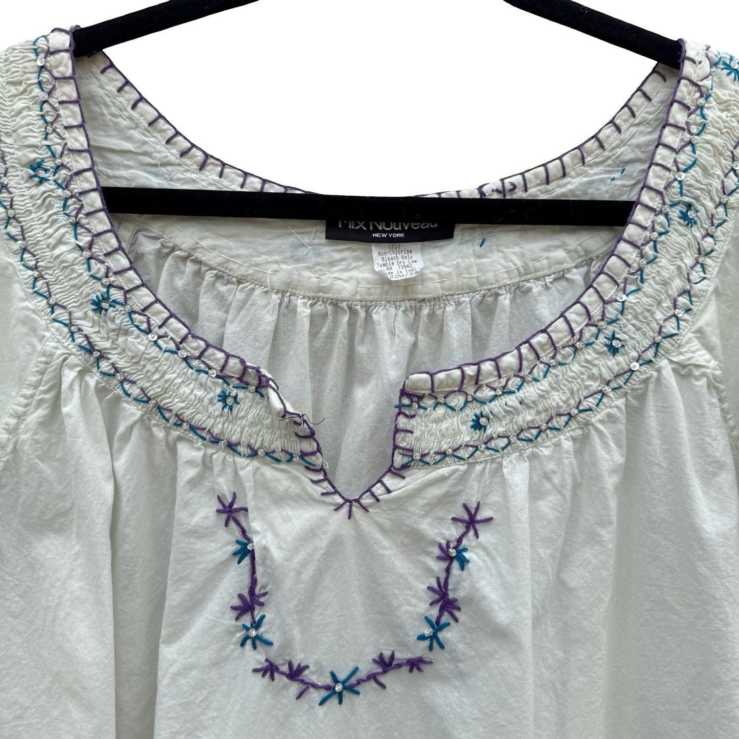 Mix Nouveau White Smocked Embroidered Cotton Peasant Blouse Womens 22 Boho Top