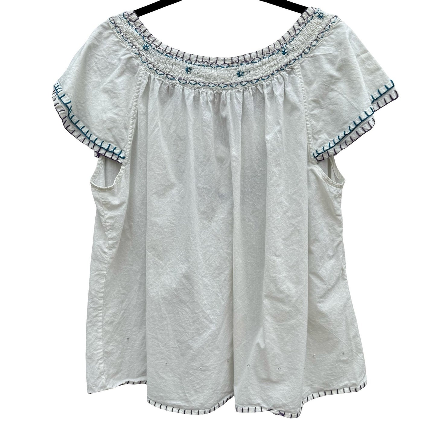 Mix Nouveau White Smocked Embroidered Cotton Peasant Blouse Womens 22 Boho Top