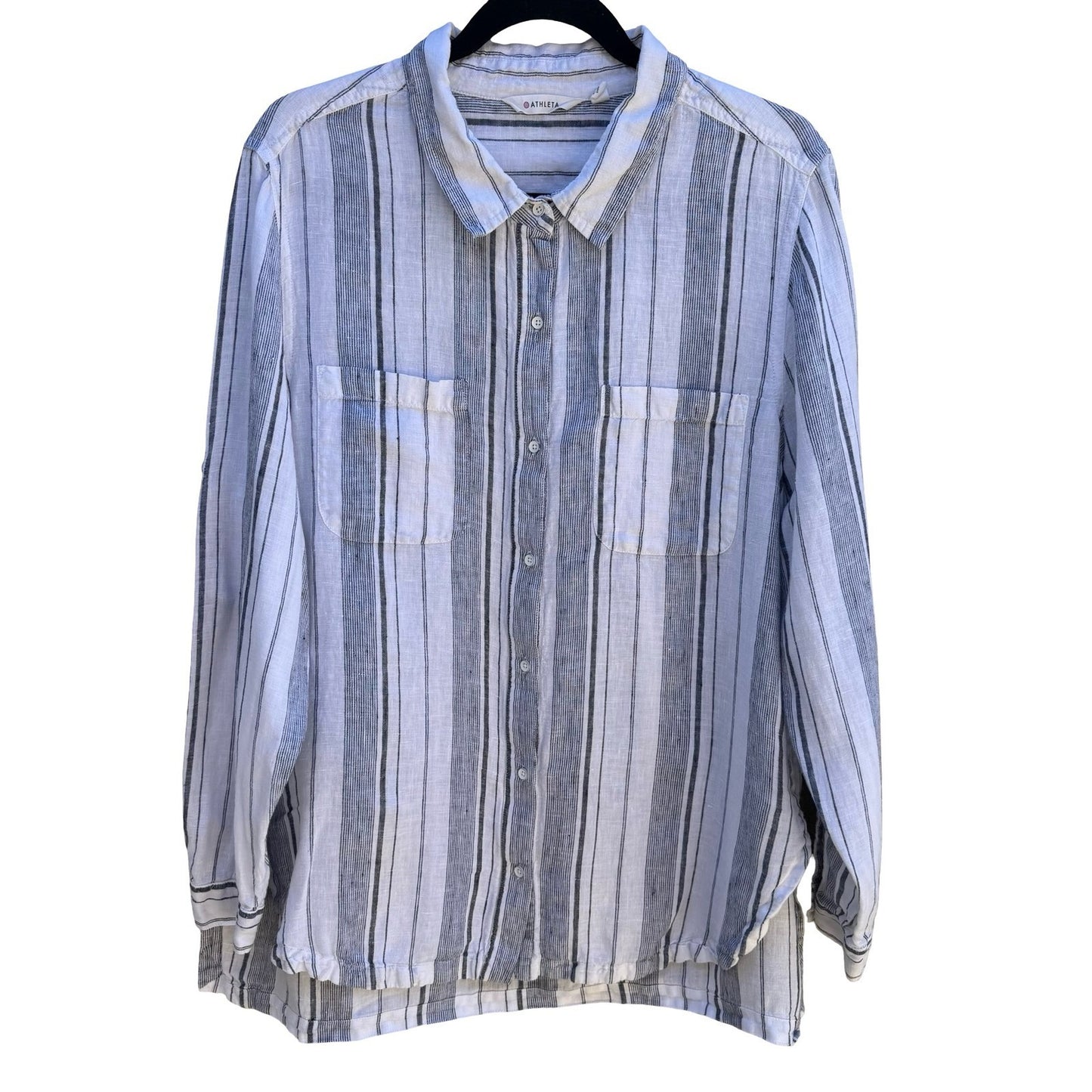 Athleta 100% Linen Coastal Minimalist Nautical Sustainable Blue Striped Shirt XL