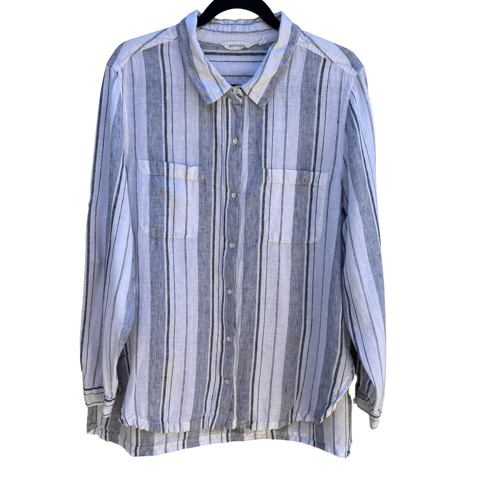 Athleta 100% Linen Coastal Minimalist Nautical Sustainable Blue Striped Shirt XL