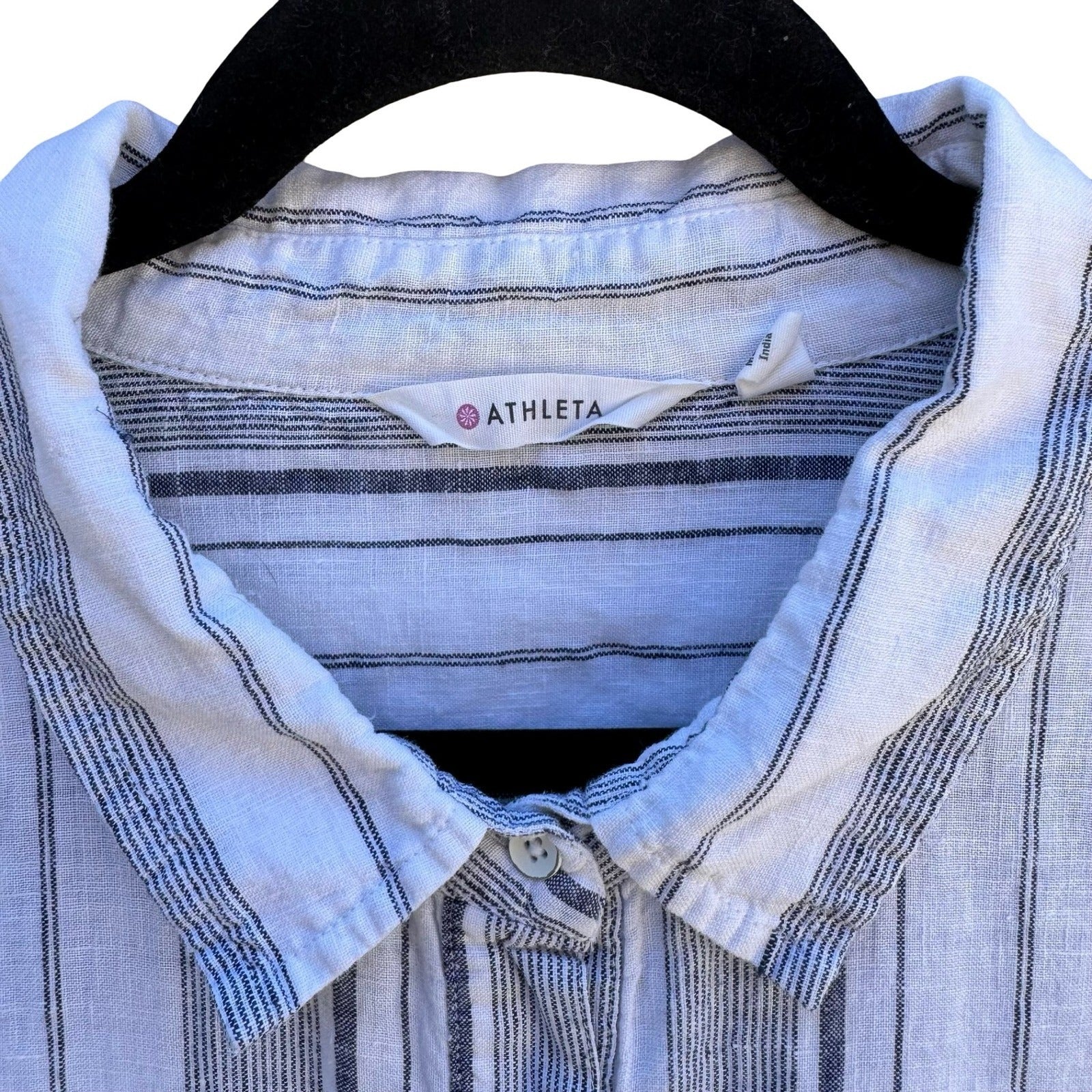 Athleta 100% Linen Coastal Minimalist Nautical Sustainable Blue Striped Shirt XL