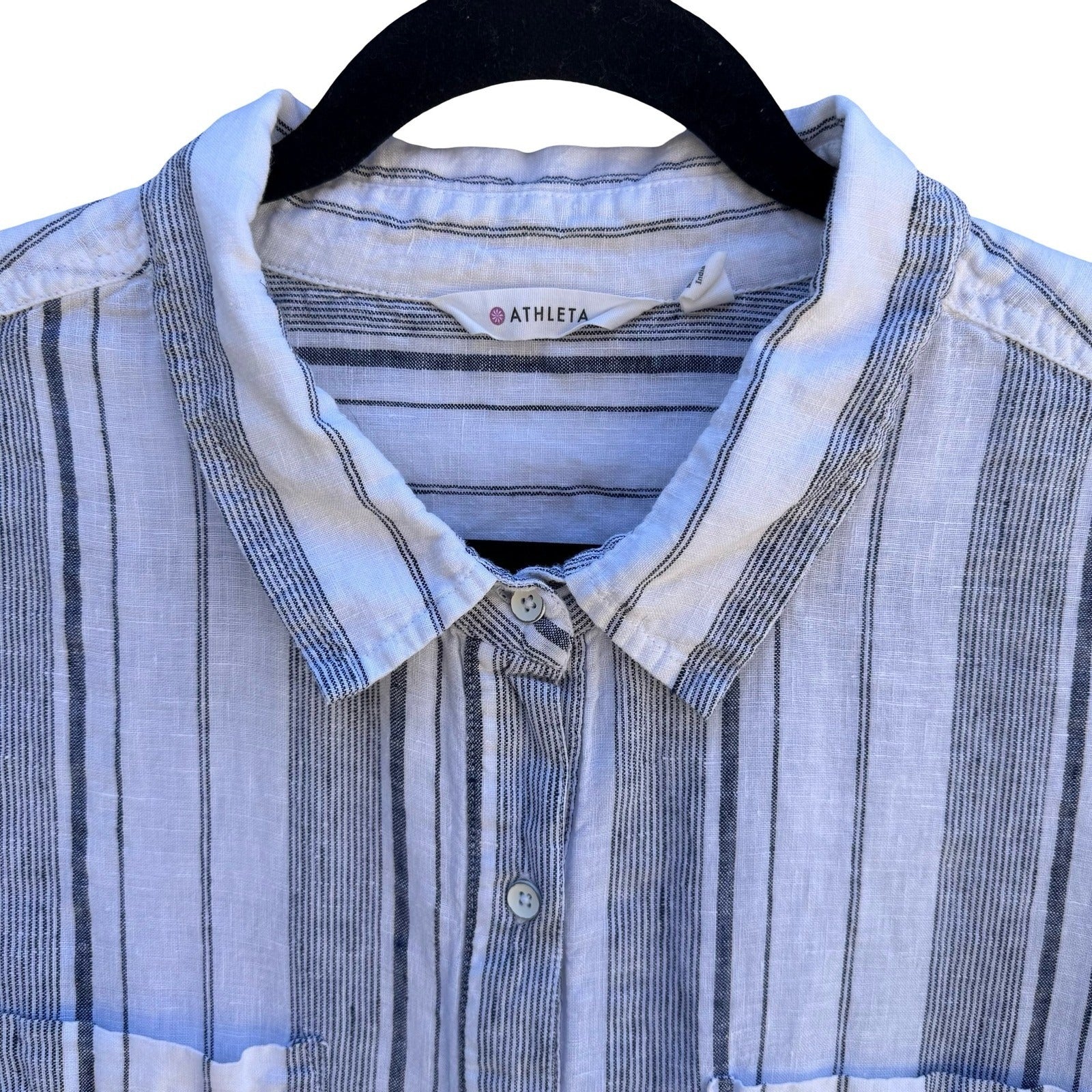 Athleta 100% Linen Coastal Minimalist Nautical Sustainable Blue Striped Shirt XL