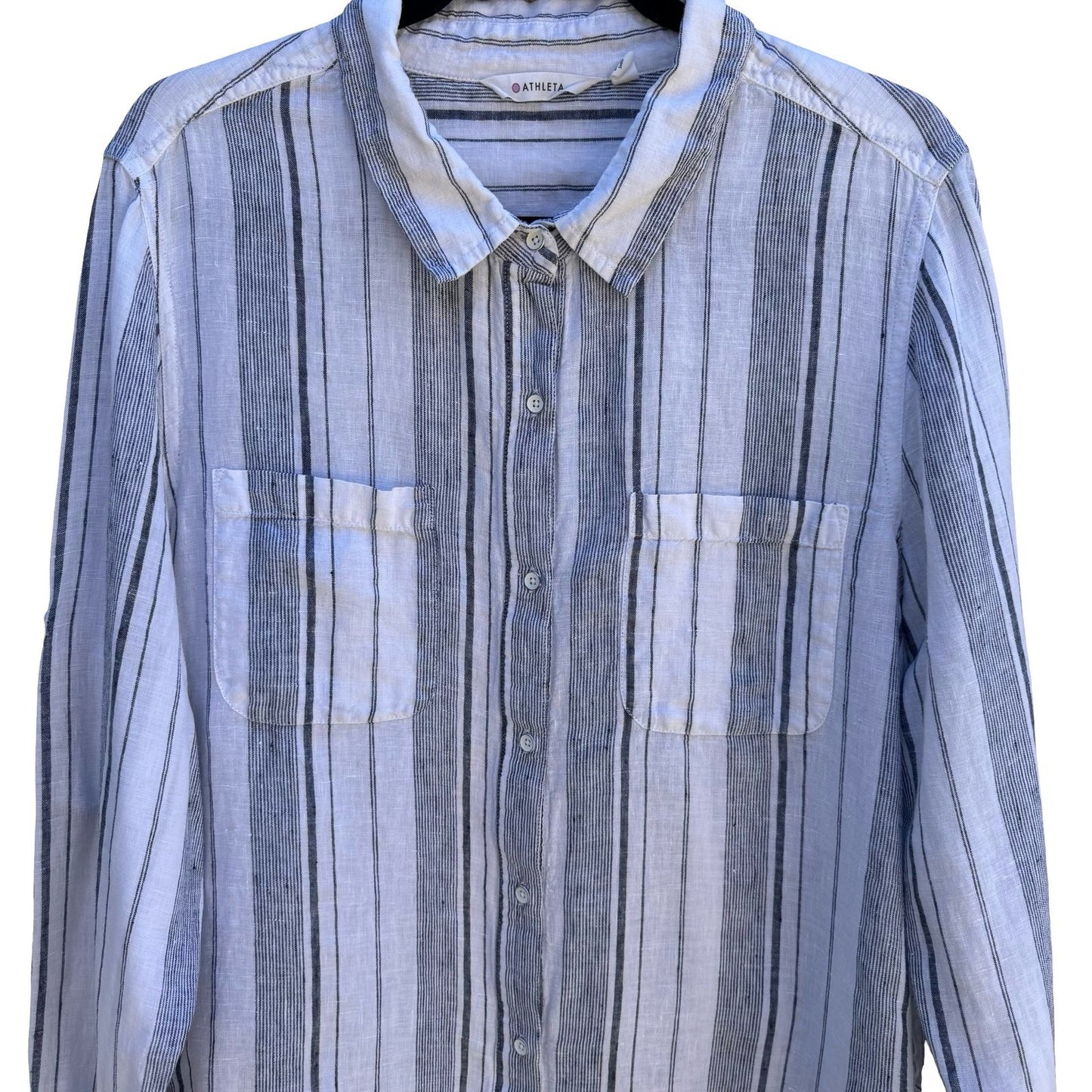 Athleta 100% Linen Coastal Minimalist Nautical Sustainable Blue Striped Shirt XL