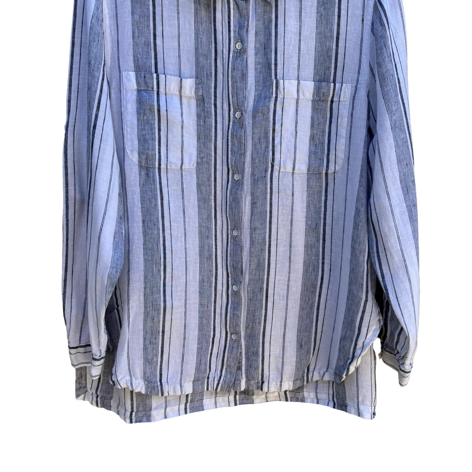 Athleta 100% Linen Coastal Minimalist Nautical Sustainable Blue Striped Shirt XL
