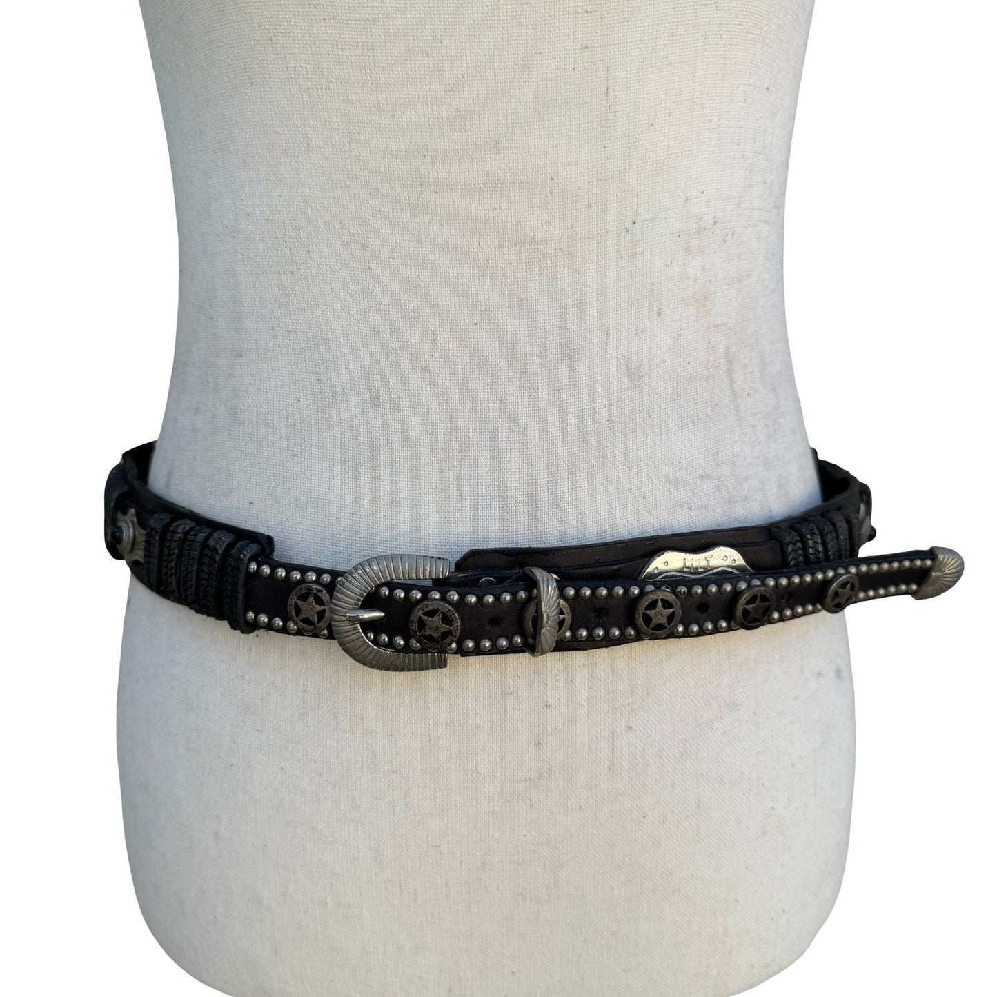 Lily Farouche Munich Vintage Black Leather Western Stud Star Belt West Germany