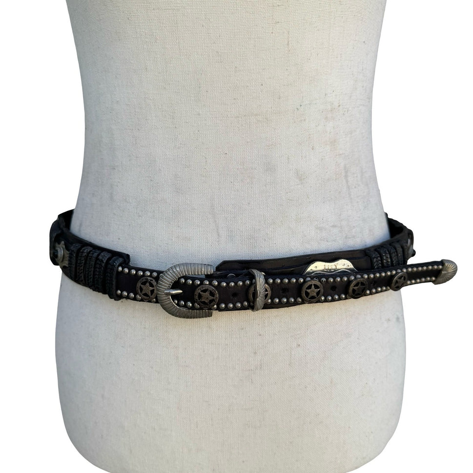 Lily Farouche Munich Vintage Black Leather Western Stud Star Belt West Germany