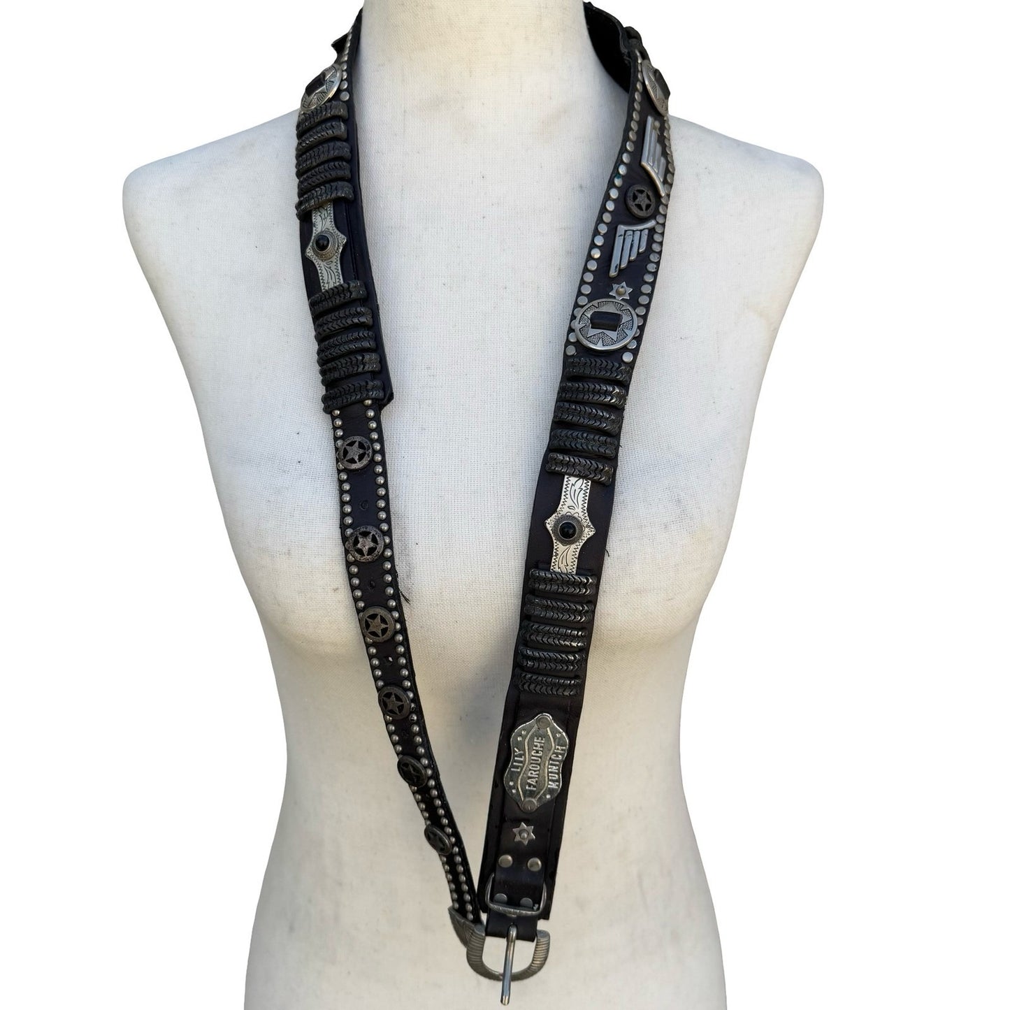 Lily Farouche Munich Vintage Black Leather Western Stud Star Belt West Germany