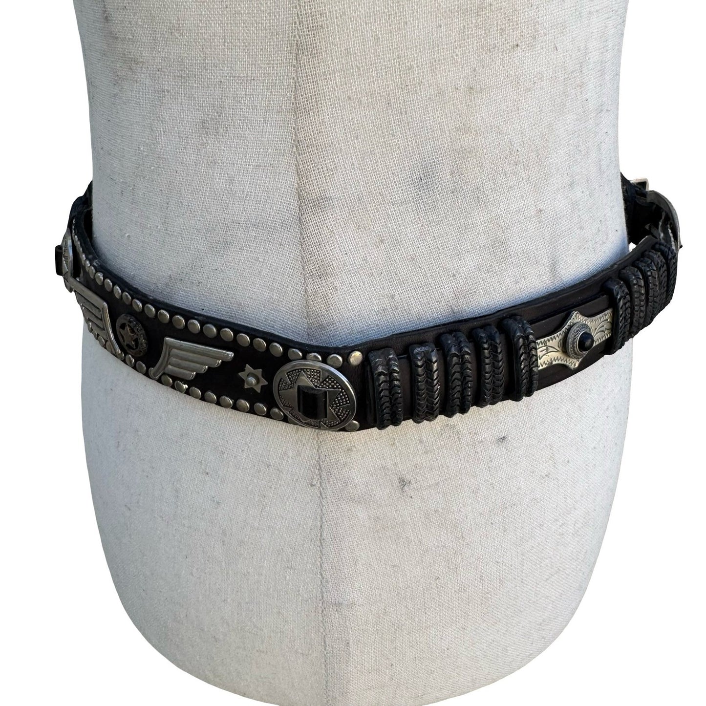 Lily Farouche Munich Vintage Black Leather Western Stud Star Belt West Germany