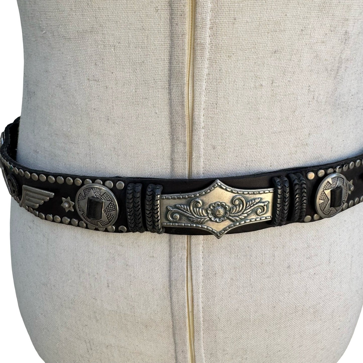 Lily Farouche Munich Vintage Black Leather Western Stud Star Belt West Germany