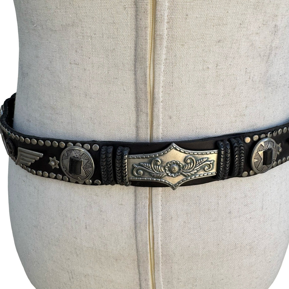 Lily Farouche Munich Vintage Black Leather Western Stud Star Belt West Germany