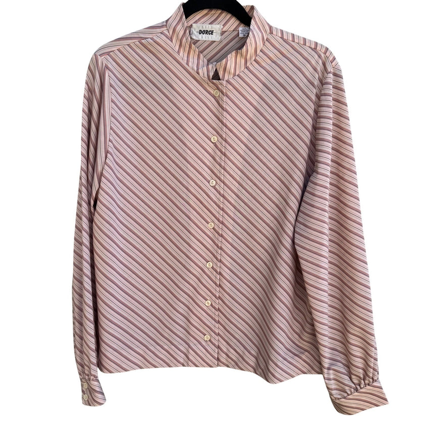 Dorce Vintage 70s Pink Striped Mandarin Collar Blouse 16 Mod Retro Secretary