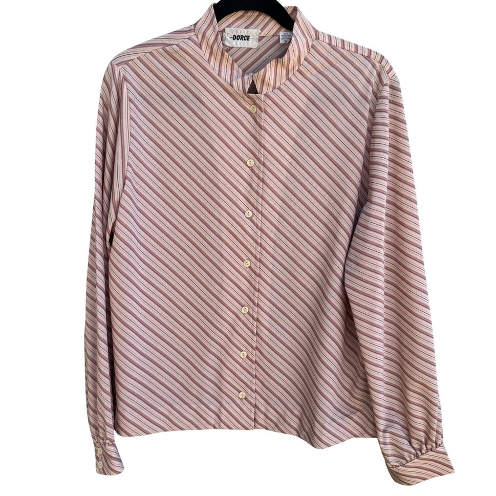 Dorce Vintage 70s Pink Striped Mandarin Collar Blouse 16 Mod Retro Secretary