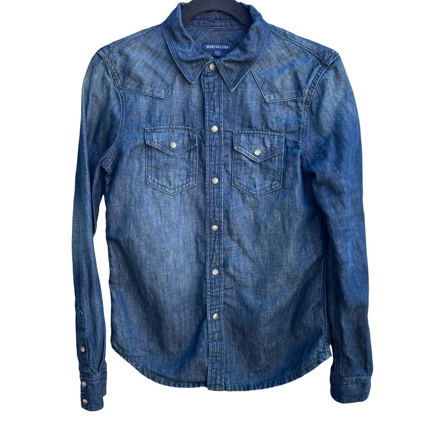 Martin+Osa Western Coastal Denim Americana Dark Wash Cotton Linen Blend Shirt 0