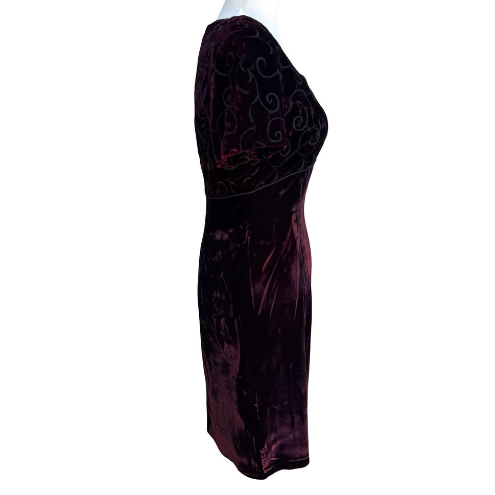 Maggy London Vintage 90s Burgundy Velvet Embroidered Sheath Dress Square Neck 4