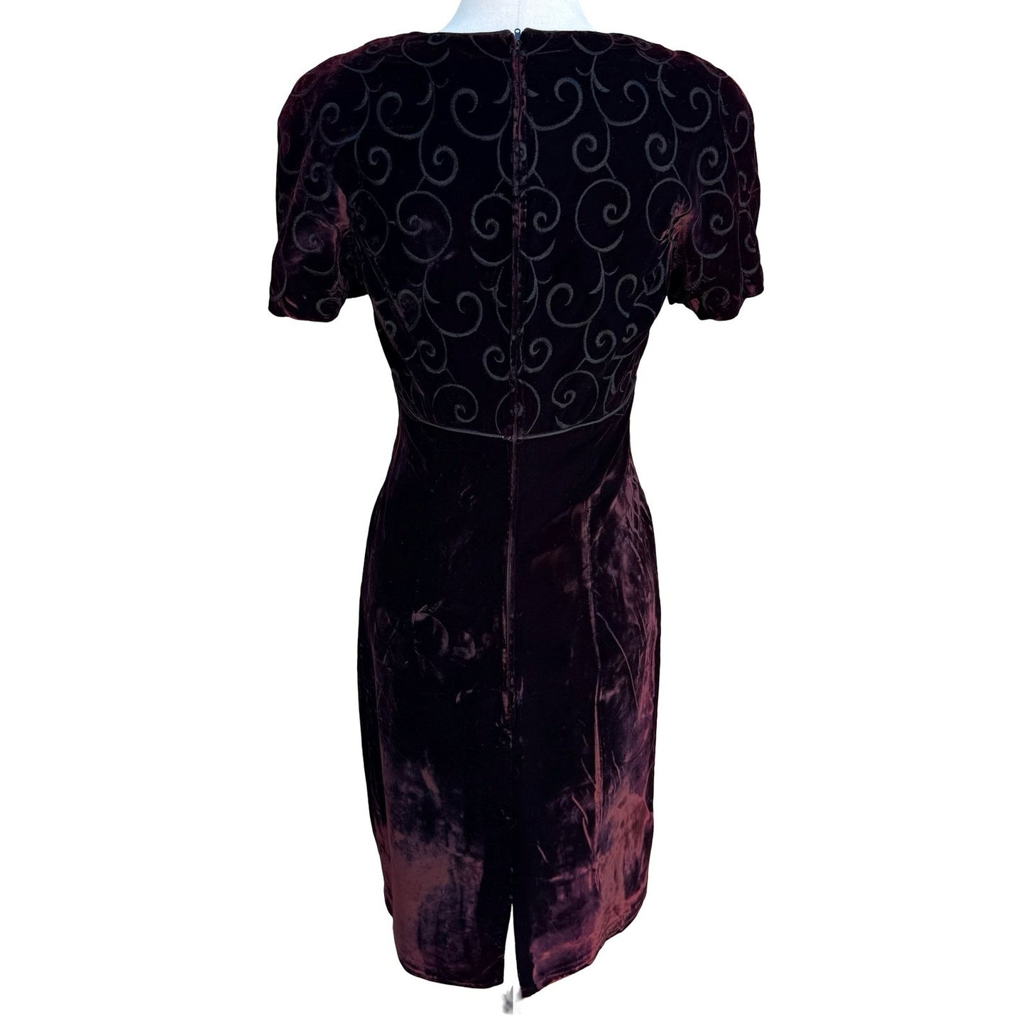 Maggy London Vintage 90s Burgundy Velvet Embroidered Sheath Dress Square Neck 4