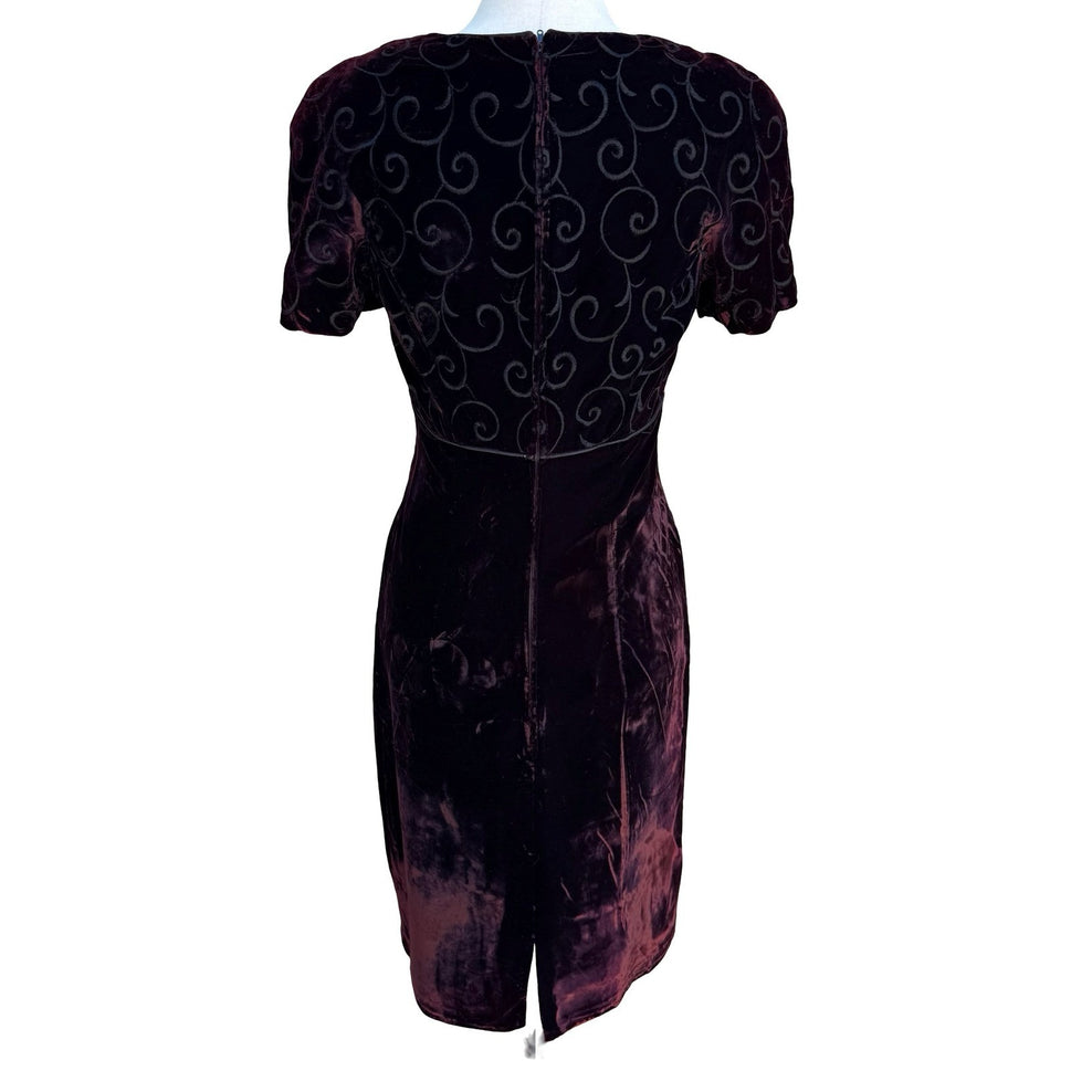 Maggy London Vintage 90s Burgundy Velvet Embroidered Sheath Dress Square Neck 4