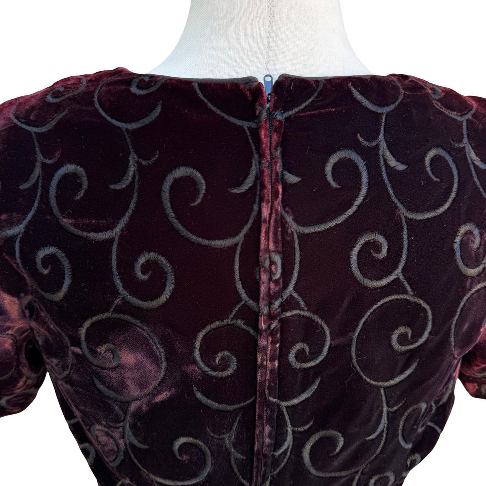 Maggy London Vintage 90s Burgundy Velvet Embroidered Sheath Dress Square Neck 4