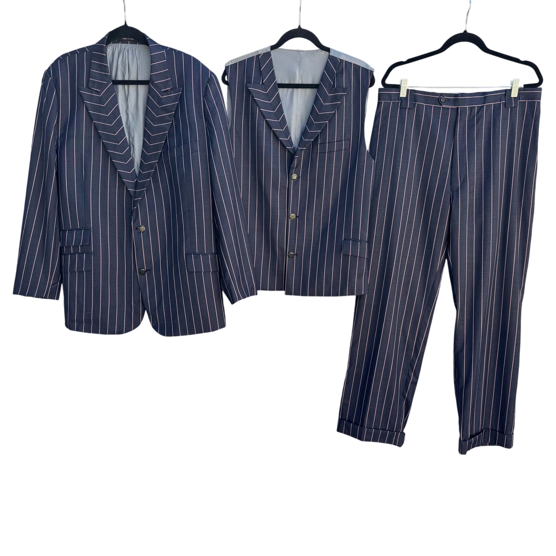 Sergio Valentino Diamond 150s Wool 3-Piece Navy Pinstripe Suit Blazer Vest Pant