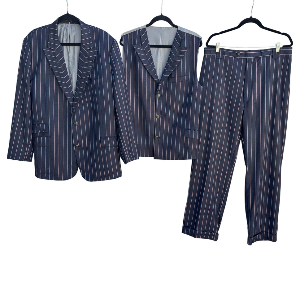 Sergio Valentino Diamond 150s Wool 3-Piece Navy Pinstripe Suit Blazer Vest Pant