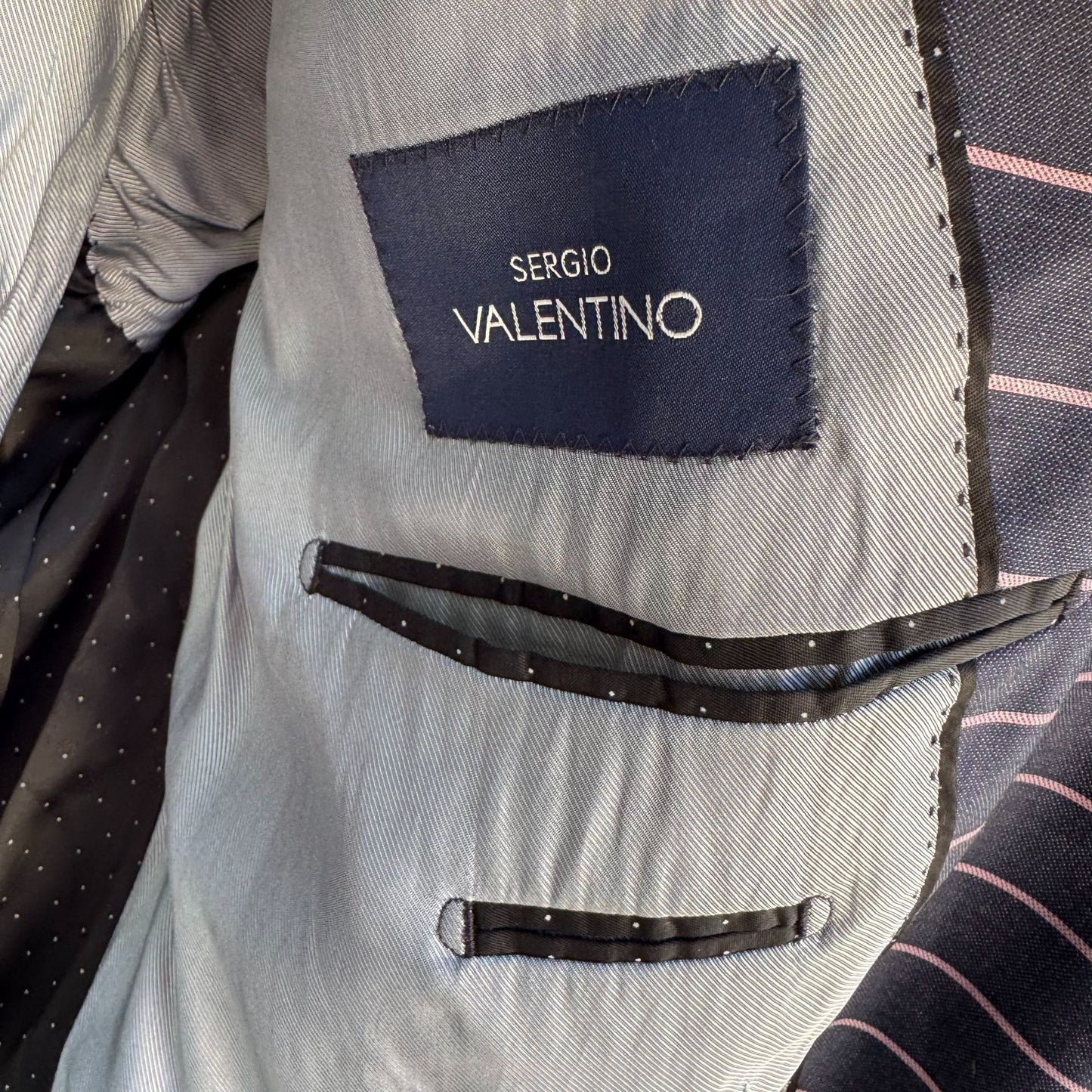 Sergio Valentino Diamond 150s Wool 3-Piece Navy Pinstripe Suit Blazer Vest Pant