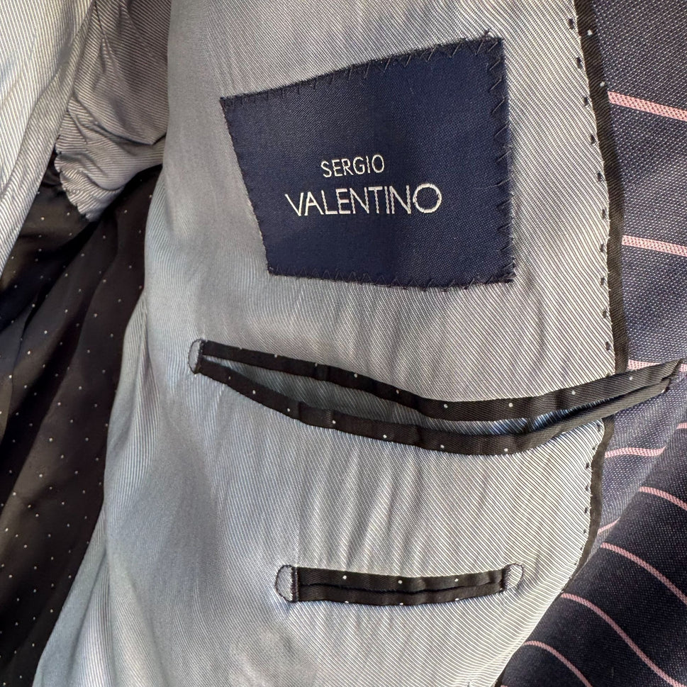 Sergio Valentino Diamond 150s Wool 3-Piece Navy Pinstripe Suit Blazer Vest Pant