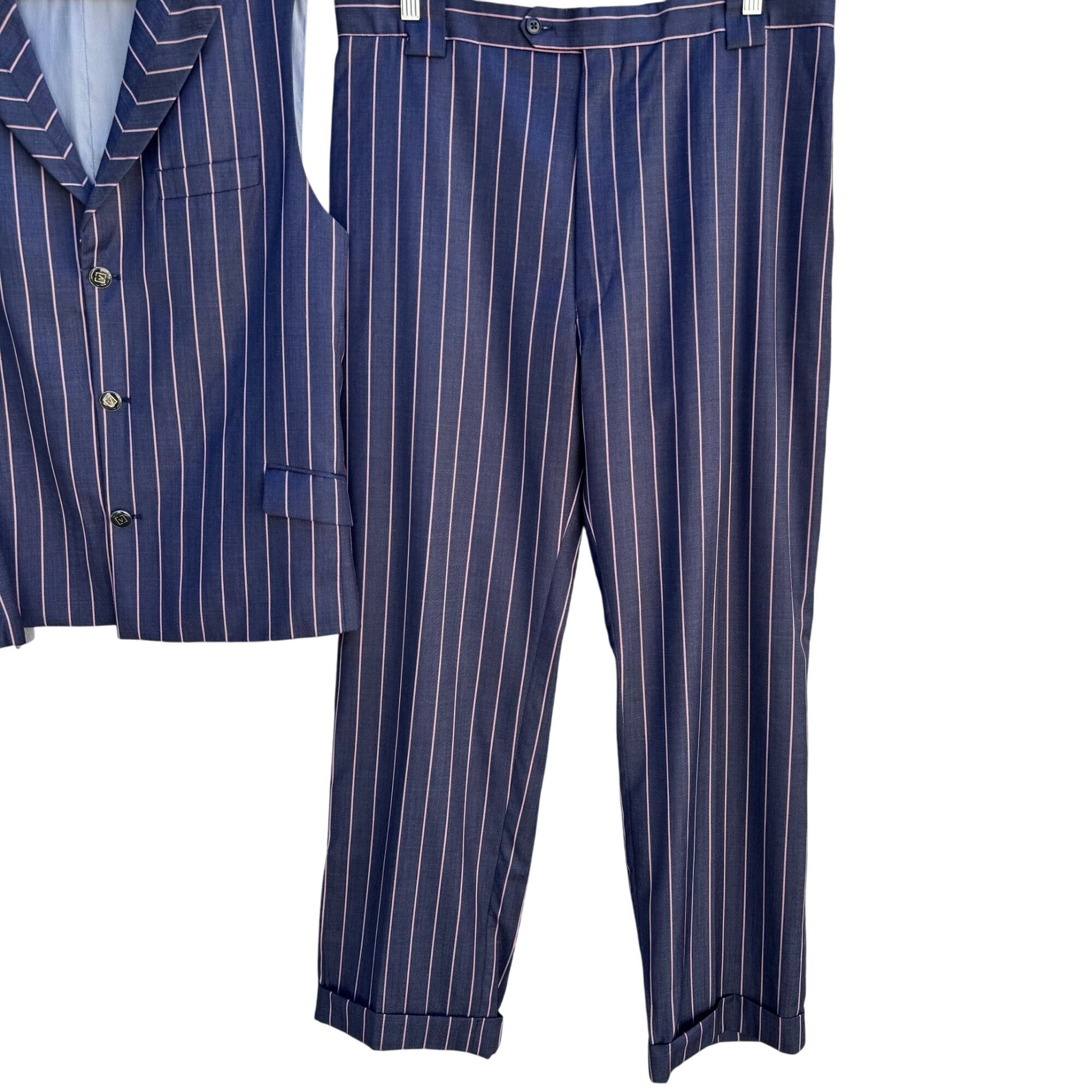 Sergio Valentino Diamond 150s Wool 3-Piece Navy Pinstripe Suit Blazer Vest Pant