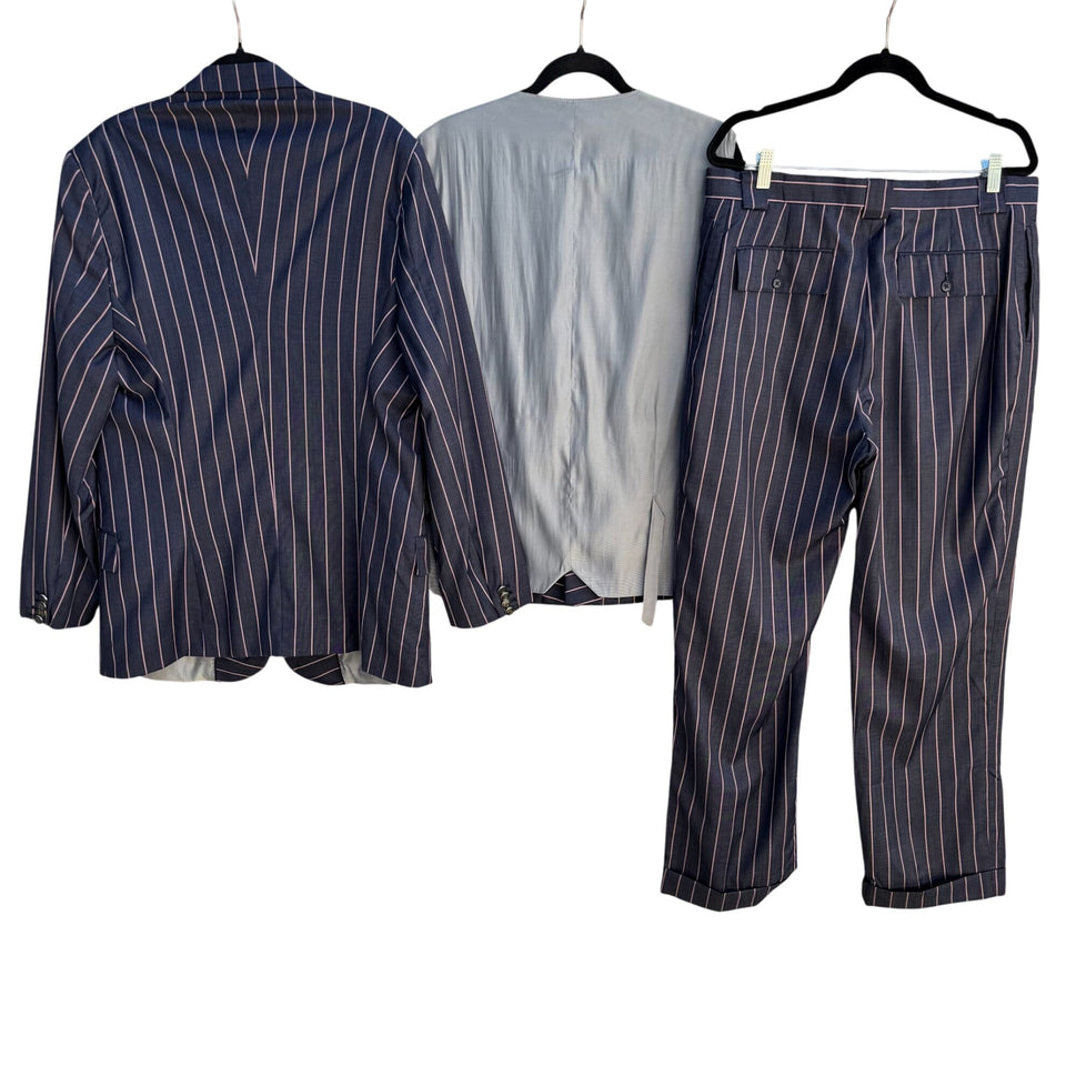 Sergio Valentino Diamond 150s Wool 3-Piece Navy Pinstripe Suit Blazer Vest Pant