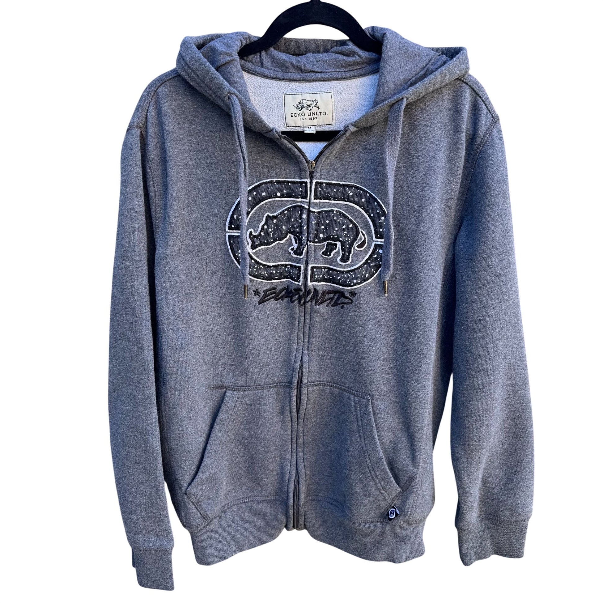 Ecko Unltd Gray Zip-Up Hoodie Rhino Logo Design Drawstring Hood Pockets Mens Med