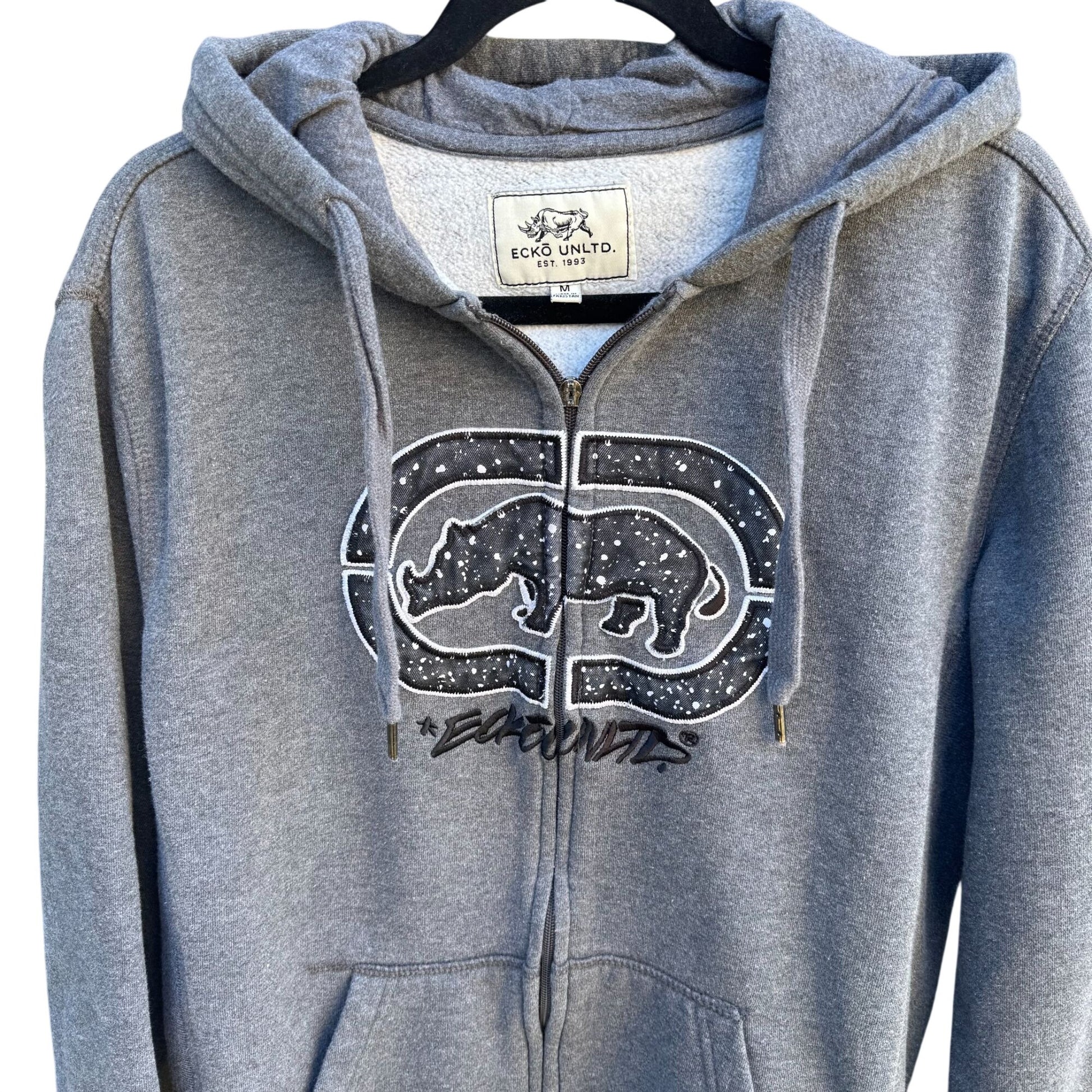 Ecko Unltd Gray Zip-Up Hoodie Rhino Logo Design Drawstring Hood Pockets Mens Med