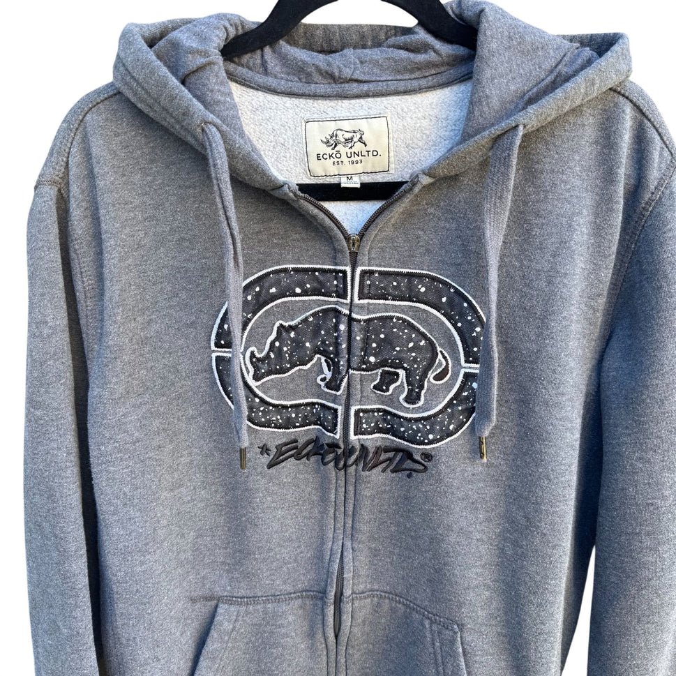 Ecko Unltd Gray Zip-Up Hoodie Rhino Logo Design Drawstring Hood Pockets Mens Med