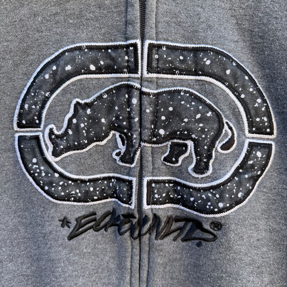 Ecko Unltd Gray Zip-Up Hoodie Rhino Logo Design Drawstring Hood Pockets Mens Med
