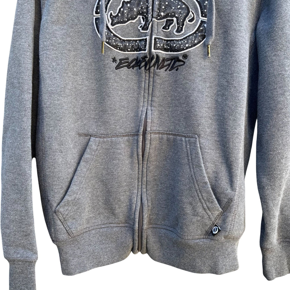 Ecko Unltd Gray Zip-Up Hoodie Rhino Logo Design Drawstring Hood Pockets Mens Med