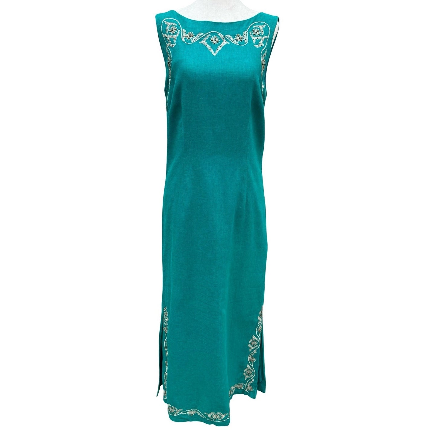 Sag Harbor Dress Teal Linen Blend Embroidered Beaded Maxi Sheath Size 8 Coastal