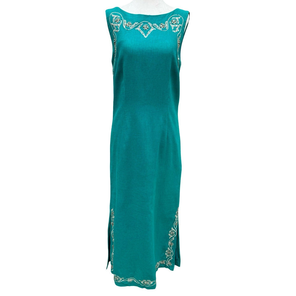 Sag Harbor Dress Teal Linen Blend Embroidered Beaded Maxi Sheath Size 8 Coastal