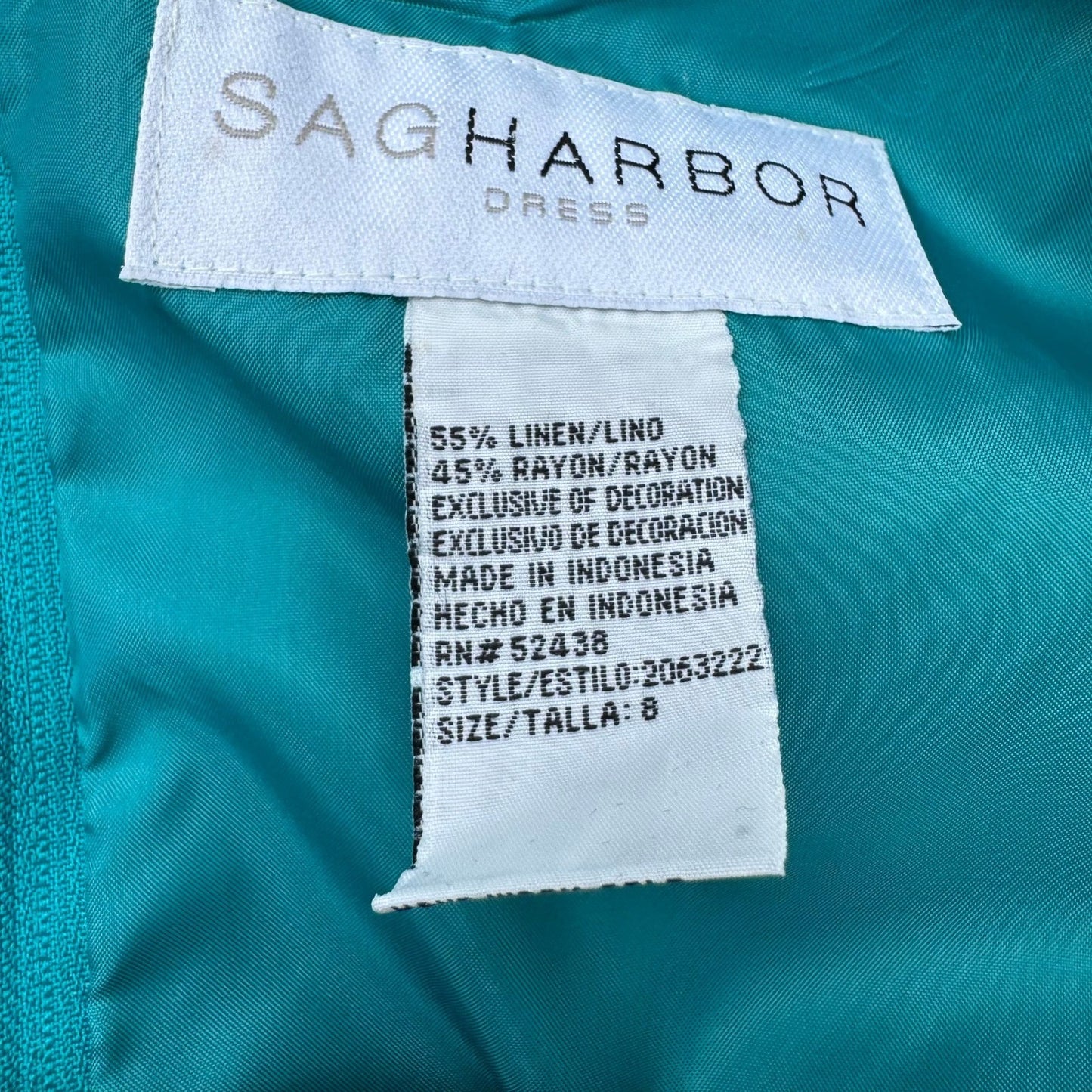Sag Harbor Dress Teal Linen Blend Embroidered Beaded Maxi Sheath Size 8 Coastal