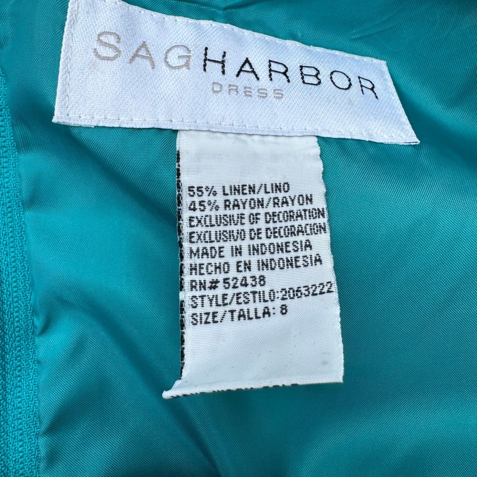 Sag Harbor Dress Teal Linen Blend Embroidered Beaded Maxi Sheath Size 8 Coastal