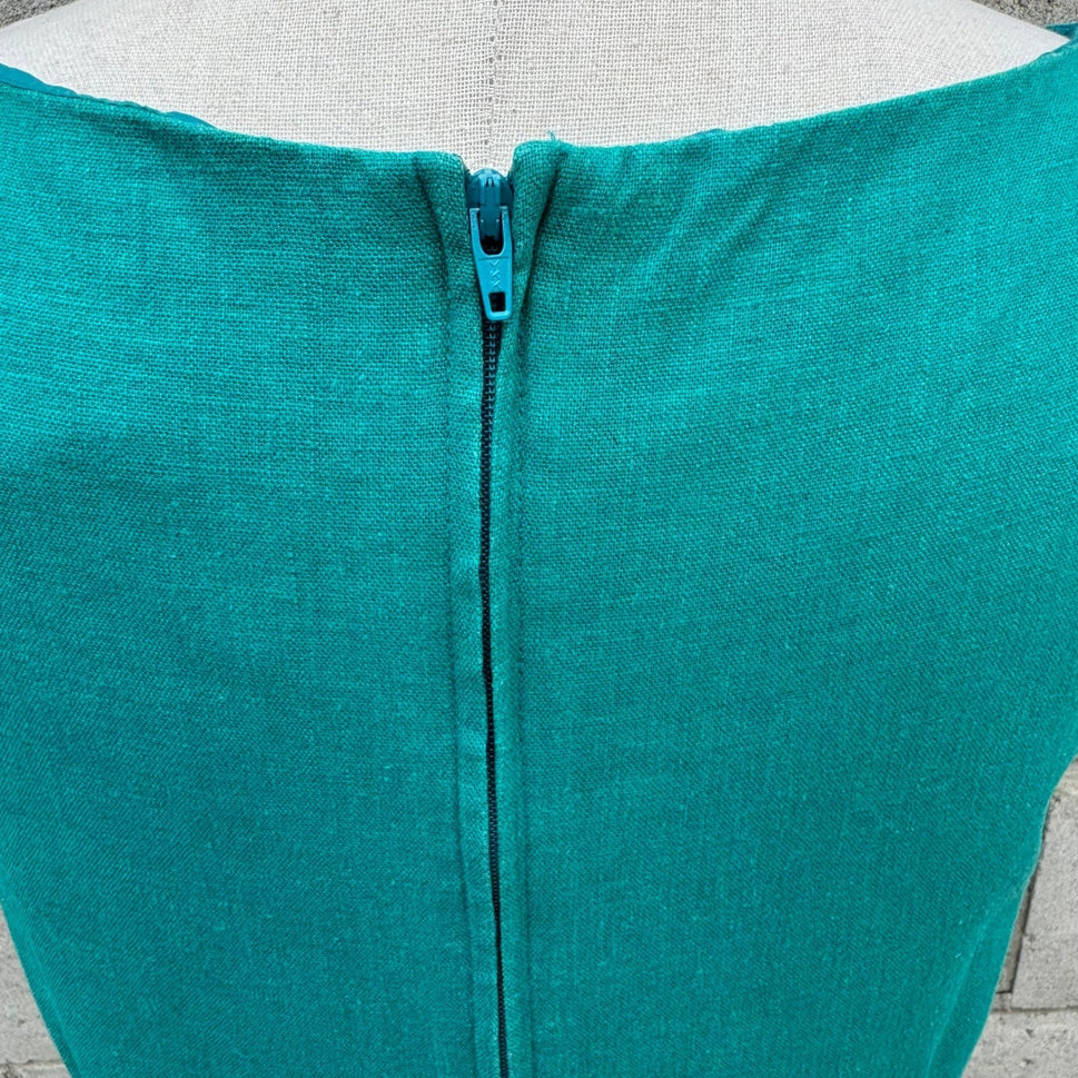 Sag Harbor Dress Teal Linen Blend Embroidered Beaded Maxi Sheath Size 8 Coastal