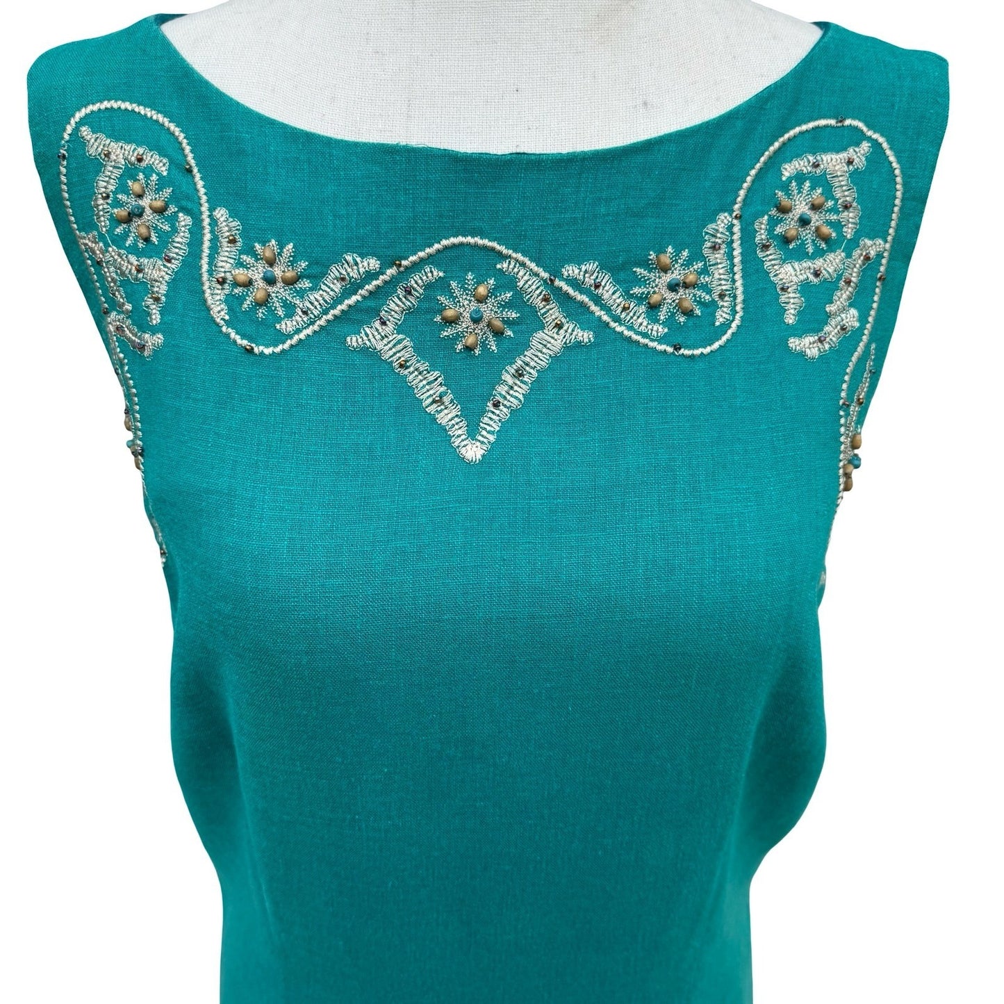 Sag Harbor Dress Teal Linen Blend Embroidered Beaded Maxi Sheath Size 8 Coastal
