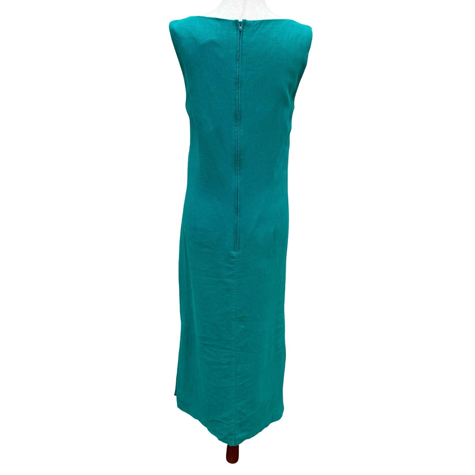 Sag Harbor Dress Teal Linen Blend Embroidered Beaded Maxi Sheath Size 8 Coastal