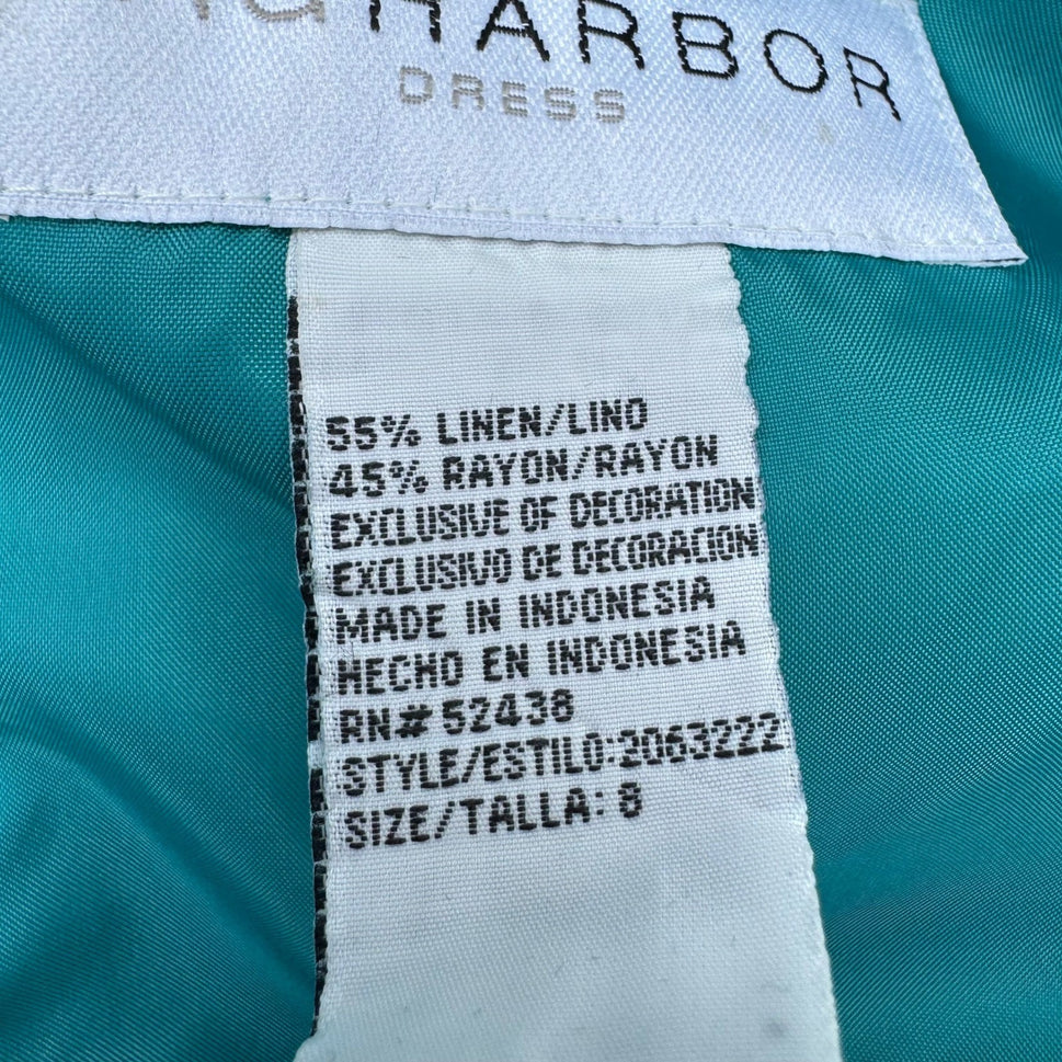 Sag Harbor Dress Teal Linen Blend Embroidered Beaded Maxi Sheath Size 8 Coastal