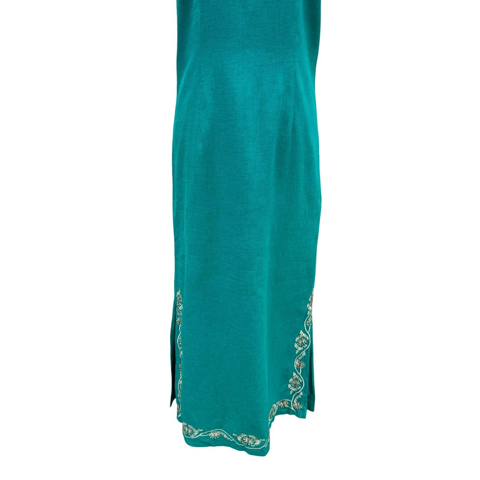 Sag Harbor Dress Teal Linen Blend Embroidered Beaded Maxi Sheath Size 8 Coastal