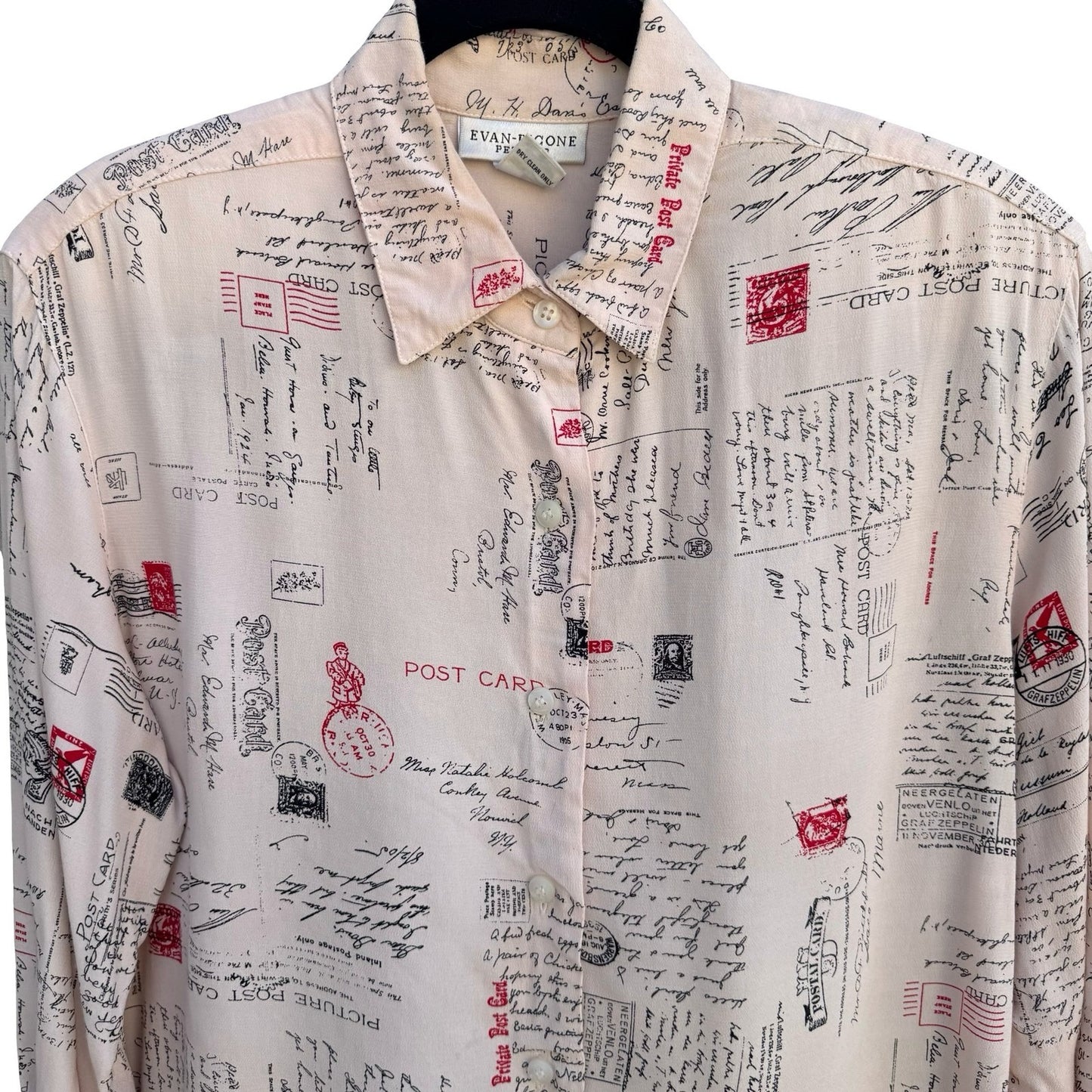 Evan-Picone Petites Vintage Postcard Script Print Rayon Blouse Cream Womens 6
