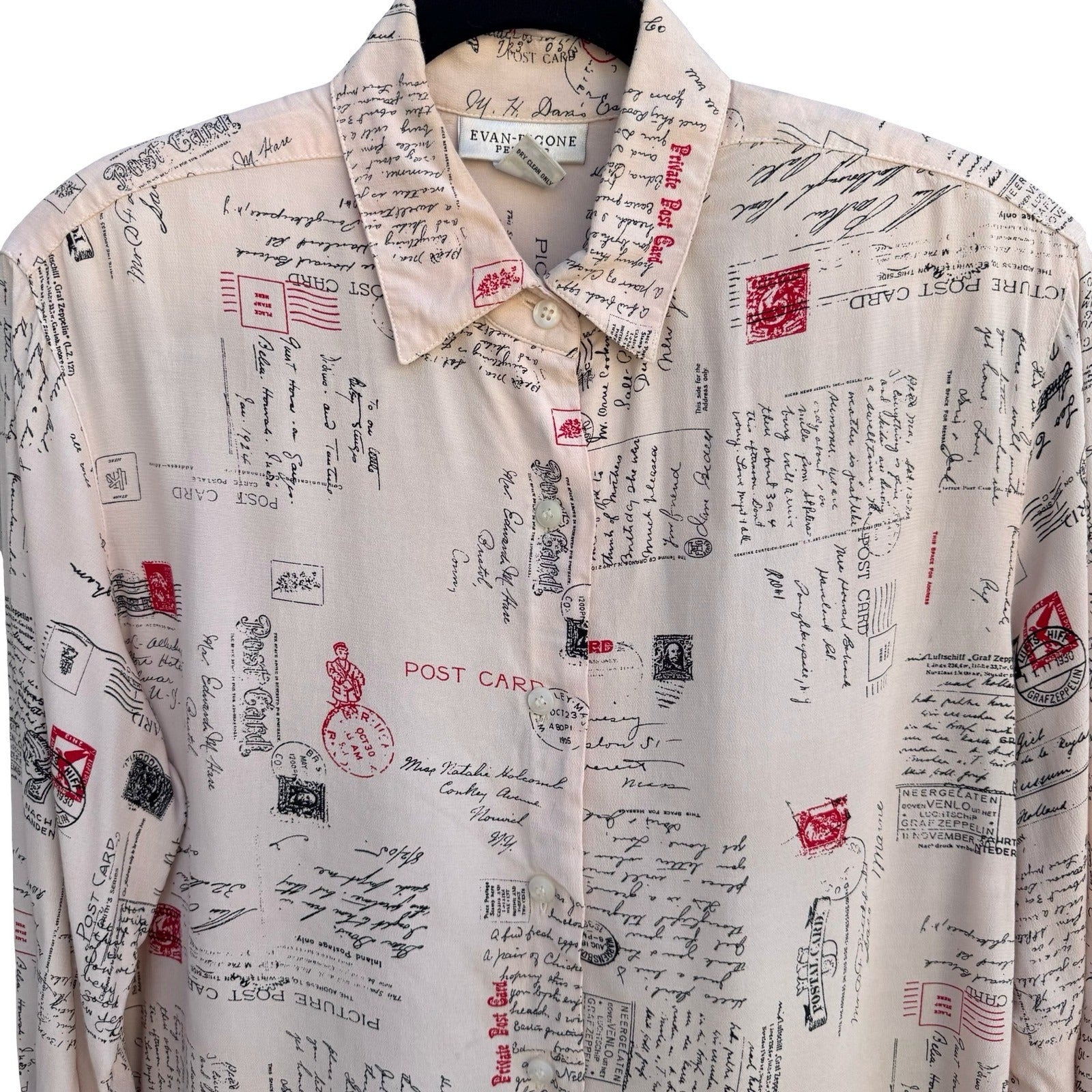 Evan-Picone Petites Vintage Postcard Script Print Rayon Blouse Cream Womens 6