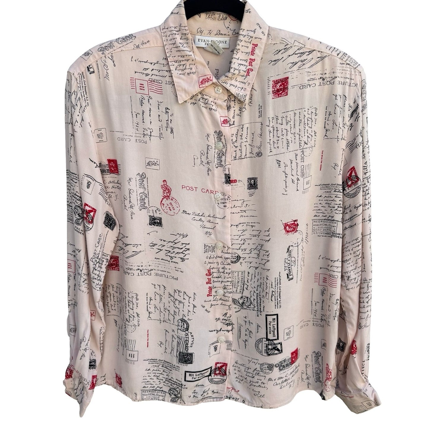 Evan-Picone Petites Vintage Postcard Script Print Rayon Blouse Cream Womens 6
