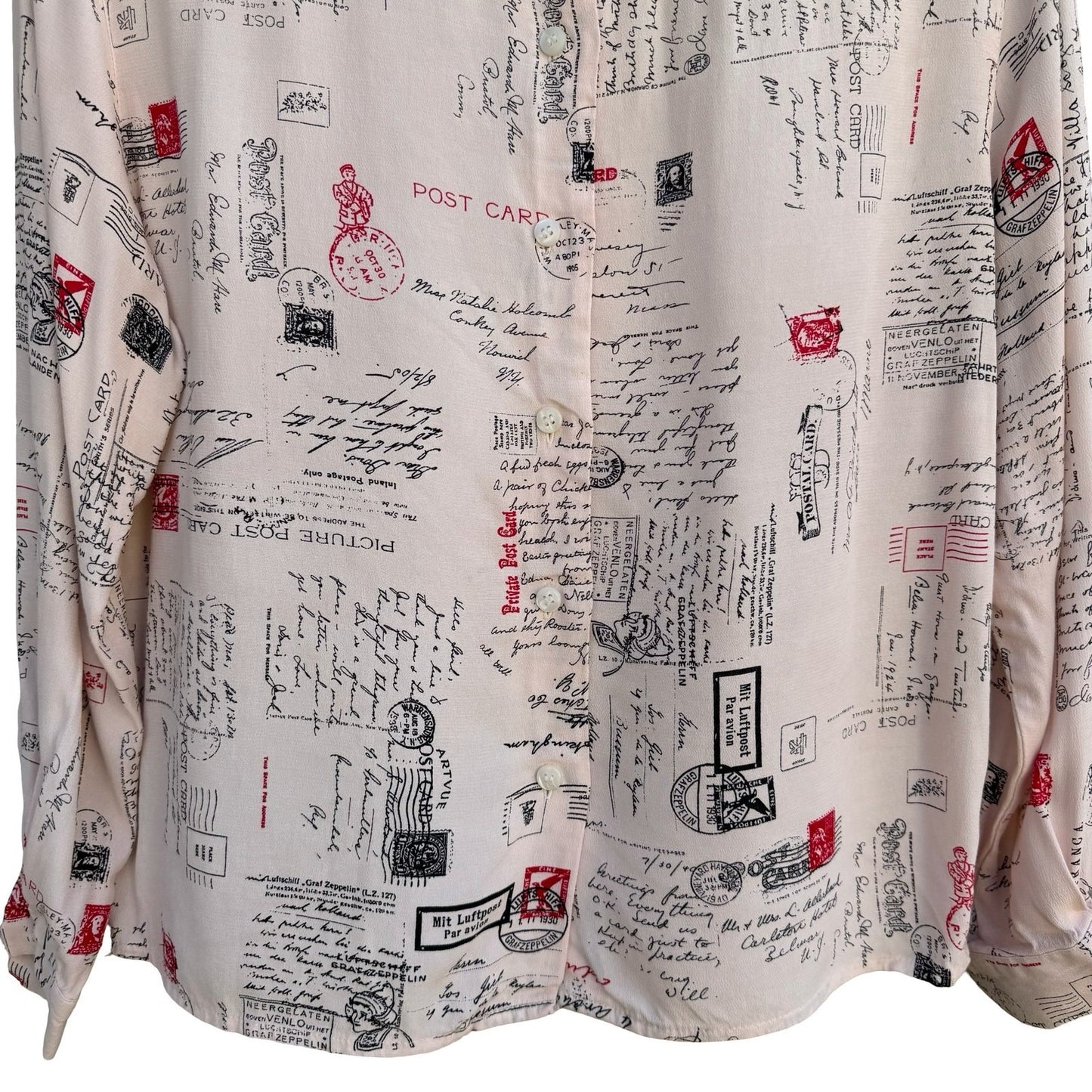 Evan-Picone Petites Vintage Postcard Script Print Rayon Blouse Cream Womens 6