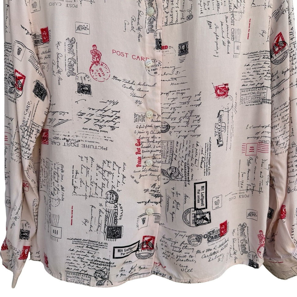 Evan-Picone Petites Vintage Postcard Script Print Rayon Blouse Cream Womens 6