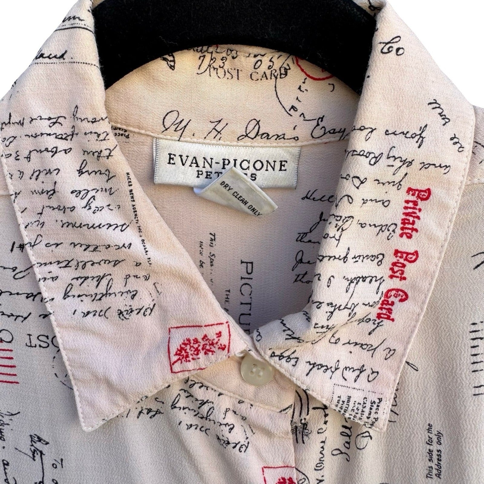 Evan-Picone Petites Vintage Postcard Script Print Rayon Blouse Cream Womens 6
