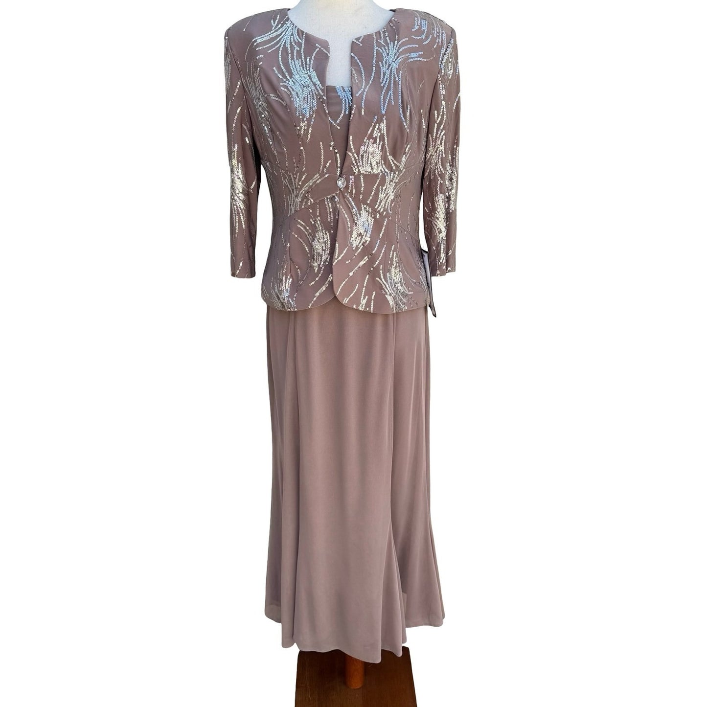 Alex Evenings Womens 6P 2PC Formal Set Taupe Silver Sequin Maxi Dress Jacket