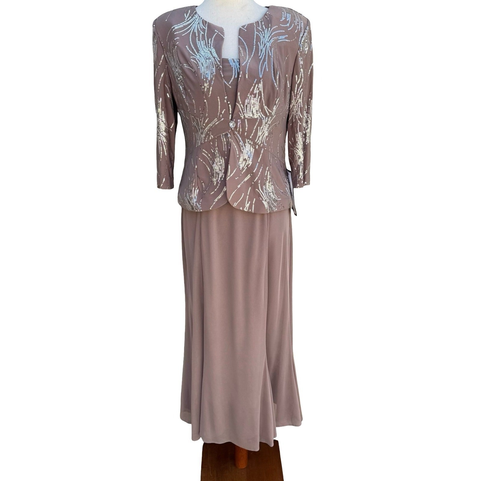 Alex Evenings Womens 6P 2PC Formal Set Taupe Silver Sequin Maxi Dress Jacket